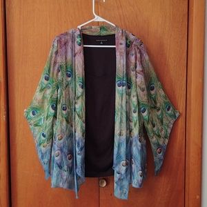 Blouse 2x peacock print attached scarf on blouse
